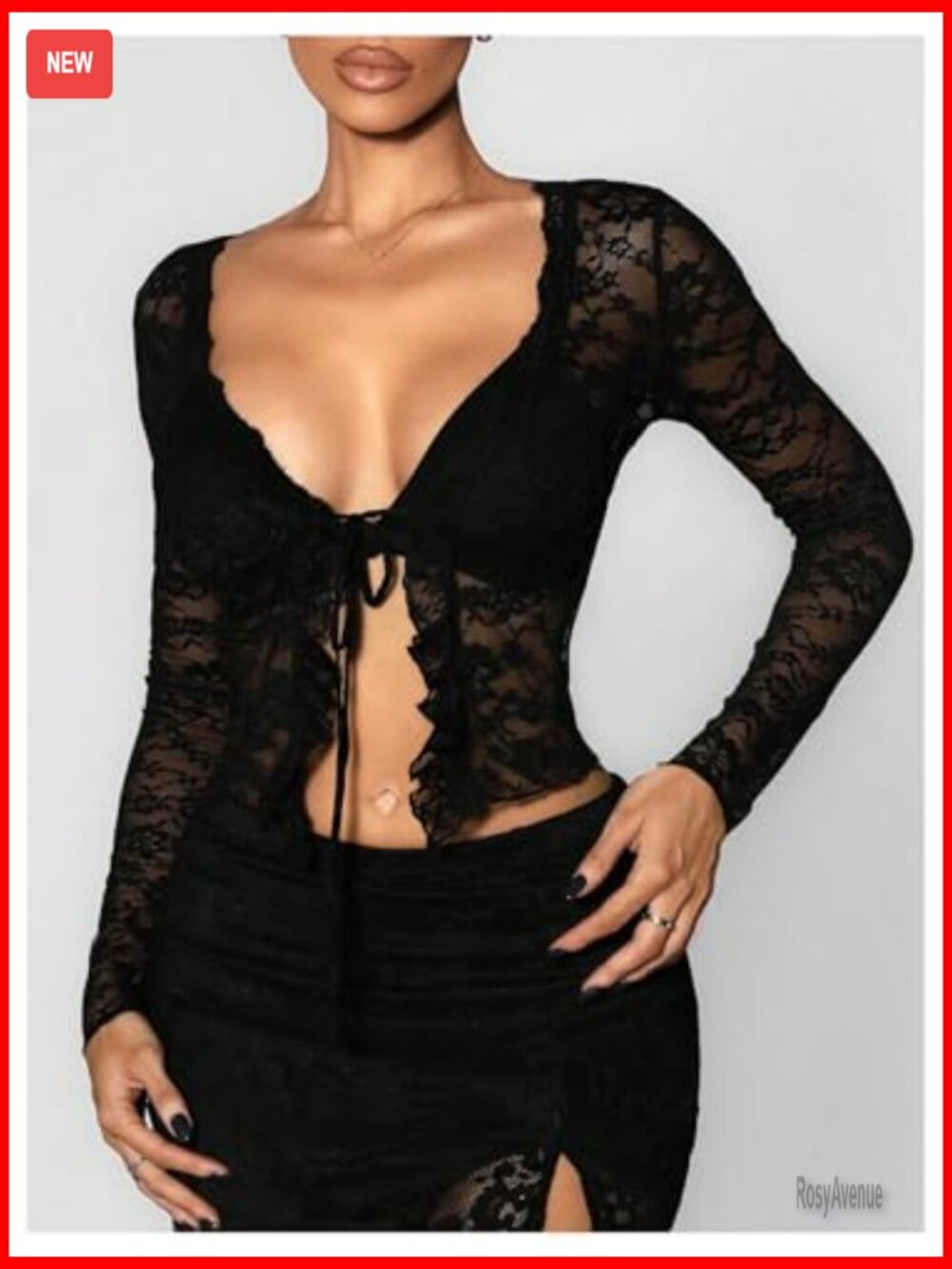 Lace Tie Front Crop Top Ruffled Long Sleeve Sheer Mesh Blouse Sexy - Picture 3 of 5